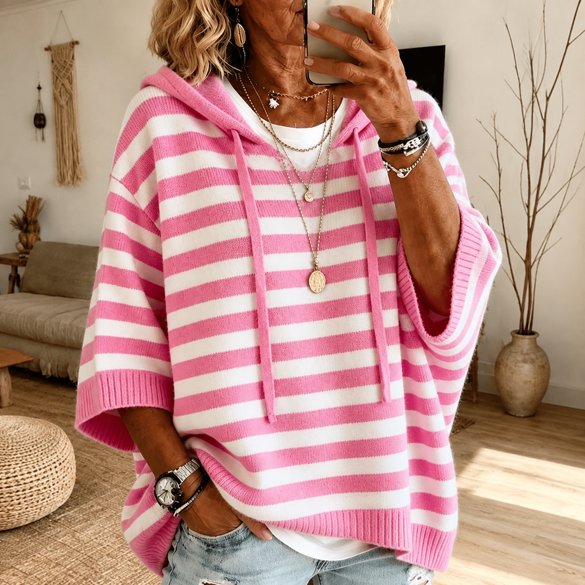Marisa | Jersey Poncho de Rayas Rosa